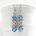 Transgender pride earrings, trans pride jewelry, chainmail earrings, full Persian chainmail weave; pink, white, light blue