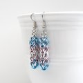 Transgender pride earrings, trans pride jewelry, chainmail earrings, full Persian chainmail weave; pink, white, light blue