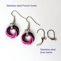Love knot chainmaille earrings, hot pink and black small circle jewelry