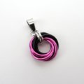 Hot pink and black pendant, chainmail love knot necklace, small, swirled circle minimalist jewelry