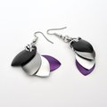 Handmade asexual pride earrings, chainmail scales jewelry, ace flag colors; black gray white purple