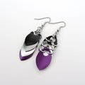 Handmade asexual pride earrings, chainmail scales jewelry, ace flag colors; black gray white purple