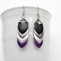 Handmade asexual pride earrings, chainmail scales jewelry, ace flag colors; black gray white purple