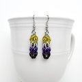 Nonbinary pride earrings, chainmail Full Persian weave; yellow, white, purple, black