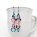 Transgender pride jewelry, long chain trans earrings, blue pink white