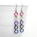 Genderfluid pride earrings, long chain LGBTQ flag chainmail jewelry