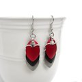 Red, black, and gray earrings, anodized aluminum chainmail dragon scales, team sport game day jewelry, team spirit accessories