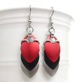 Red, black, and gray earrings, anodized aluminum chainmail dragon scales, team sport game day jewelry, team spirit accessories