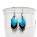 Turquoise, black, and gray earrings, anodized aluminum chainmail dragon scales, team sport game day jewelry, team spirit accessories