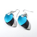 Turquoise, black, and gray earrings, anodized aluminum chainmail dragon scales, team sport game day jewelry, team spirit accessories