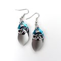 Turquoise, black, and gray earrings, anodized aluminum chainmail dragon scales, team sport game day jewelry, team spirit accessories