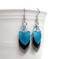 Turquoise, black, and gray earrings, anodized aluminum chainmail dragon scales, team sport game day jewelry, team spirit accessories