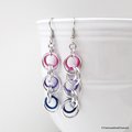 Bisexual pride jewelry, long chainmaille earrings, pink purple blue