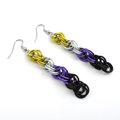 Handmade Nonbinary pride chainmail earrings, double spiral weave LGBTQ+ jewelry, choice of ear wire styles