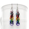 Progress pride flag earrings, handmade chainmail double spiral weave LGBTQ+ jewelry, rainbow, trans and BIPOC colors