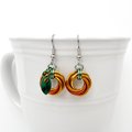 Small pumpkin earrings, fall jewelry with green leaf accent, handmade chainmail swirled knot -autumn, Halloween and Thanksgiving accessories