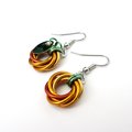 Small pumpkin earrings, fall jewelry with green leaf accent, handmade chainmail swirled knot -autumn, Halloween and Thanksgiving accessories