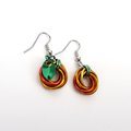 Small pumpkin earrings, fall jewelry with green leaf accent, handmade chainmail swirled knot -autumn, Halloween and Thanksgiving accessories