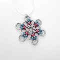 Transgender pride snowflake ornament, handmade chainmail holiday decoration in blue, pink and white