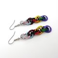 Progress pride flag earrings, handmade chainmail double spiral weave LGBTQ+ jewelry, rainbow, trans and BIPOC colors
