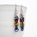 Progress pride flag earrings, handmade chainmail double spiral weave LGBTQ+ jewelry, rainbow, trans and BIPOC colors