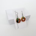 Small pumpkin earrings, fall jewelry with green leaf accent, handmade chainmail swirled knot -autumn, Halloween and Thanksgiving accessories