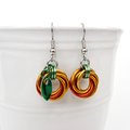 Small pumpkin earrings, fall jewelry with green leaf accent, handmade chainmail swirled knot -autumn, Halloween and Thanksgiving accessories
