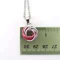 Pink ombre pendant necklace, handmade chainmail love knot, small circle minimalist jewelry