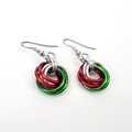 Red, green & white knot earrings, handmade chainmail Christmas jewelry