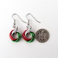 Red, green & white knot earrings, handmade chainmail Christmas jewelry