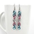 Transgender pride earrings, handmade chainmail spiral weave jewelry