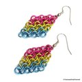 Pan pride earrings, pansexual pride jewelry, Euro 4 in 1 chainmail earrings; pink, yellow, light blue