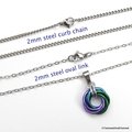 Chainmail love knot pendant, small circle necklace, purple, turquoise, and green jewelry