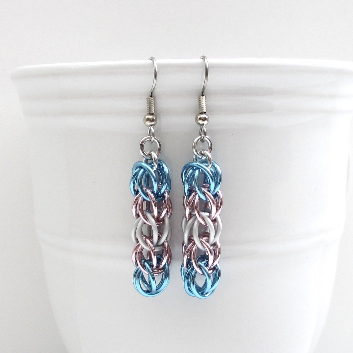 Transgender pride earrings, trans pride jewelry, chainmail earrings, full Persian chainmail weave; pink, white, light blue