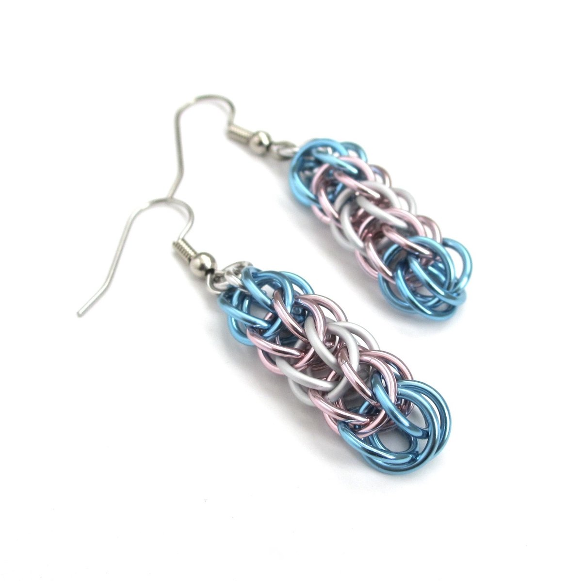 Transgender pride earrings, trans pride jewelry, chainmail earrings, full Persian chainmail weave; pink, white, light blue