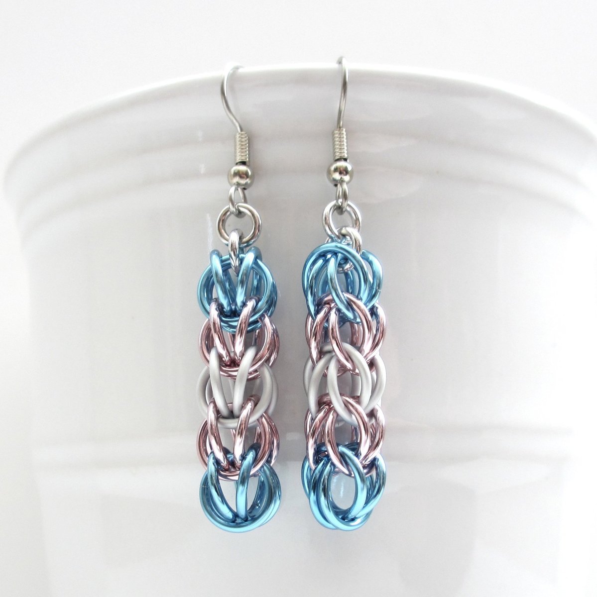 Transgender pride earrings, trans pride jewelry, chainmail earrings, full Persian chainmail weave; pink, white, light blue