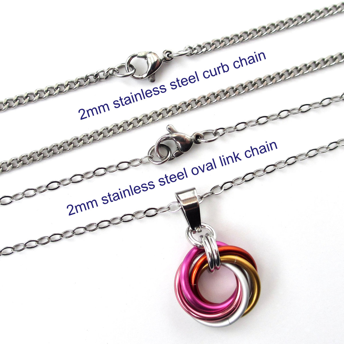 Lesbian pride pendant necklace, chainmail love knot, 5 color sunset flag, small LGBTQ jewelry