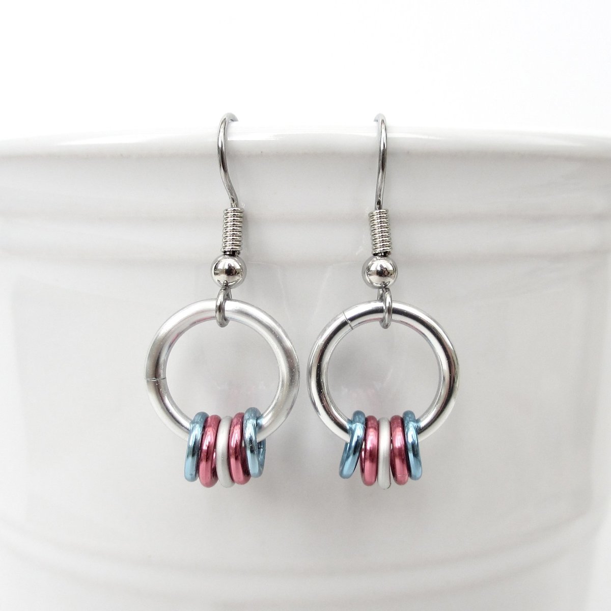 Transgender pride chainmail earrings, subtle LGBTQ pride jewelry; blue, pink, white