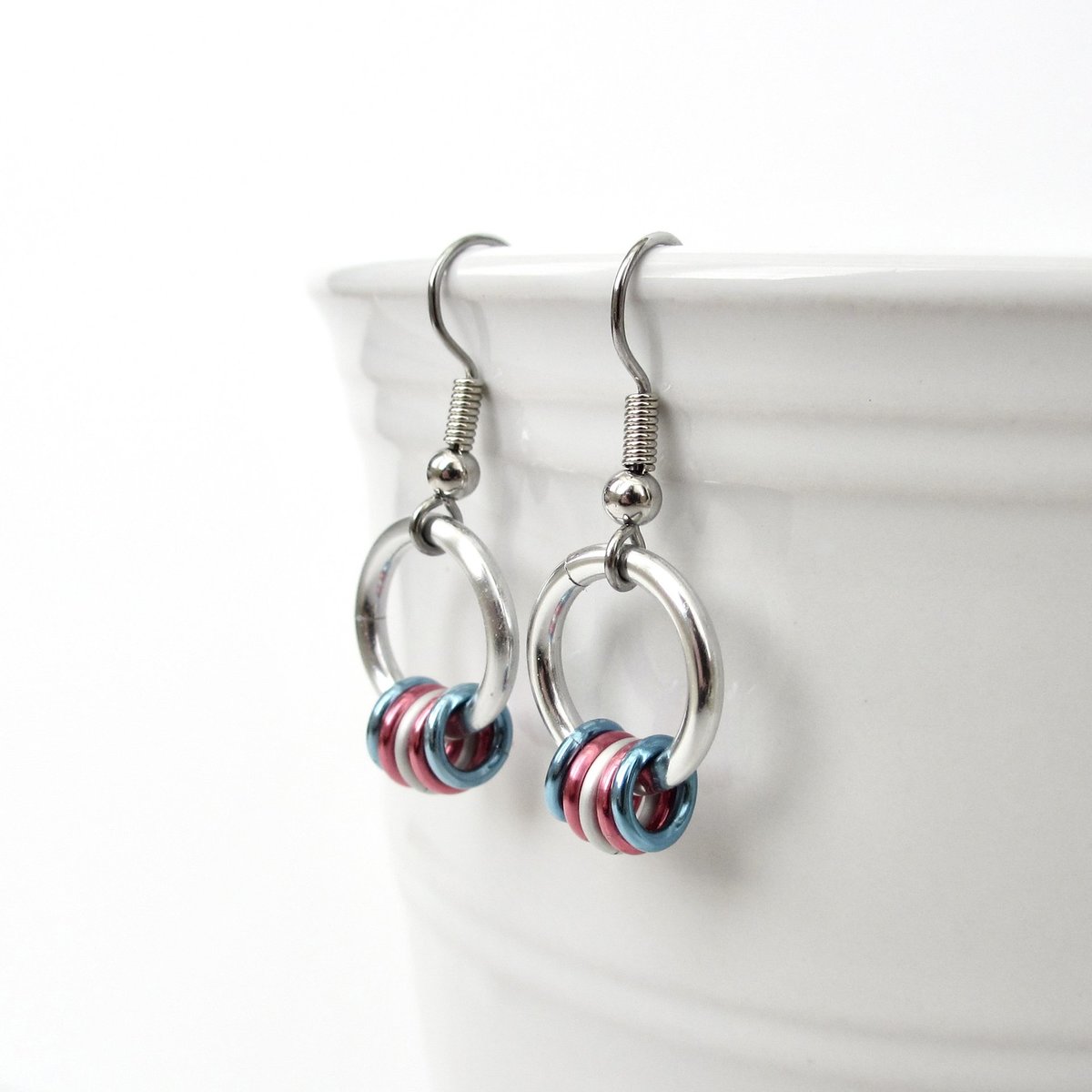 Transgender pride chainmail earrings, subtle LGBTQ pride jewelry; blue, pink, white