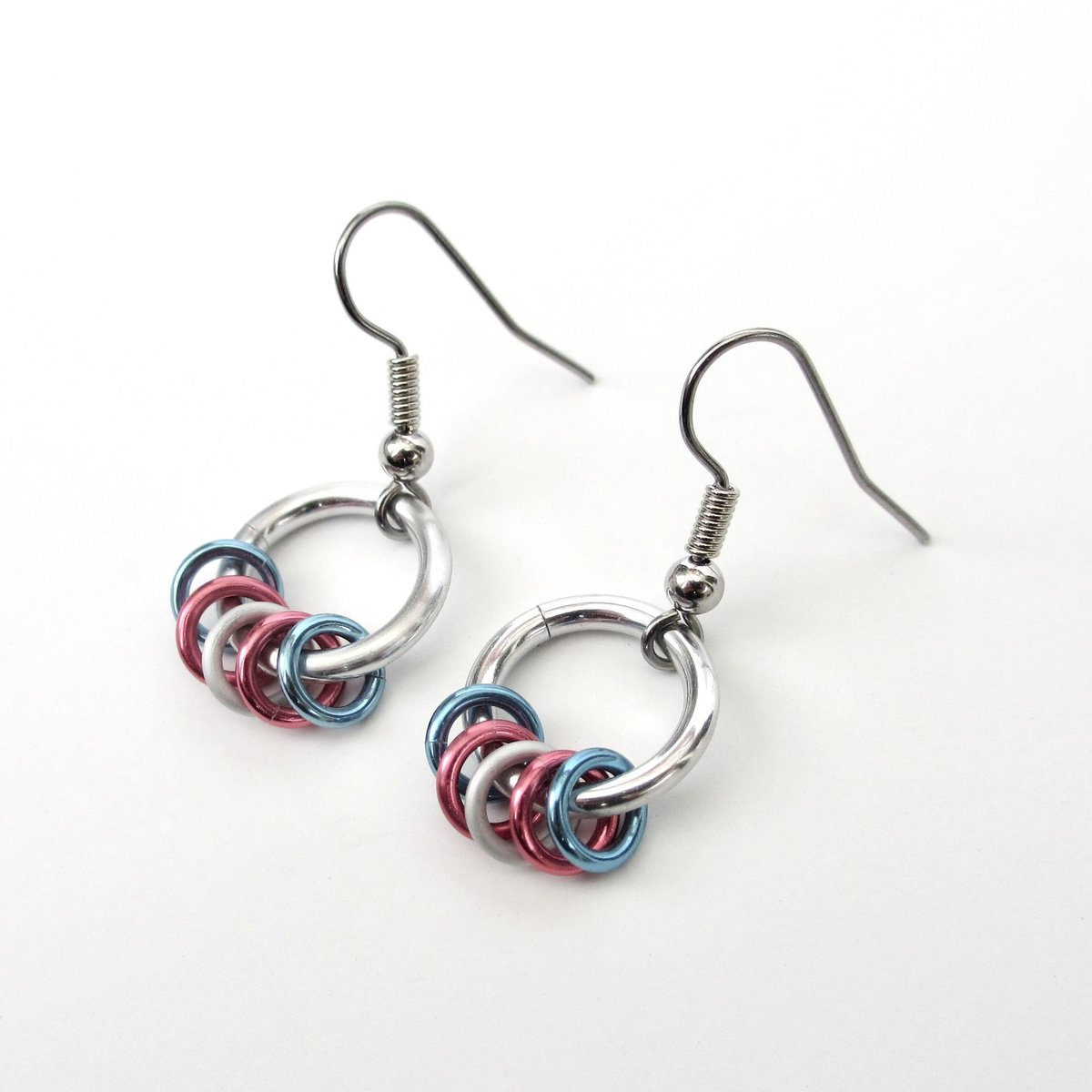 Transgender pride chainmail earrings, subtle LGBTQ pride jewelry; blue, pink, white