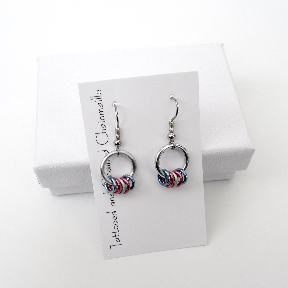 Transgender pride chainmail earrings, subtle LGBTQ pride jewelry; blue, pink, white