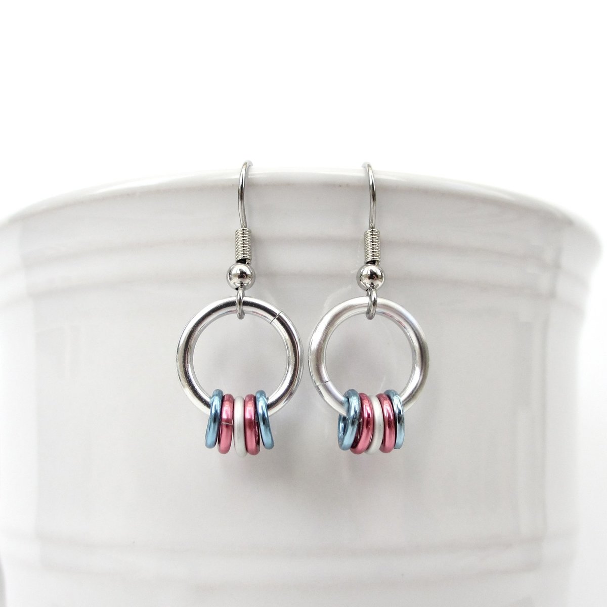 Transgender pride chainmail earrings, subtle LGBTQ pride jewelry; blue, pink, white