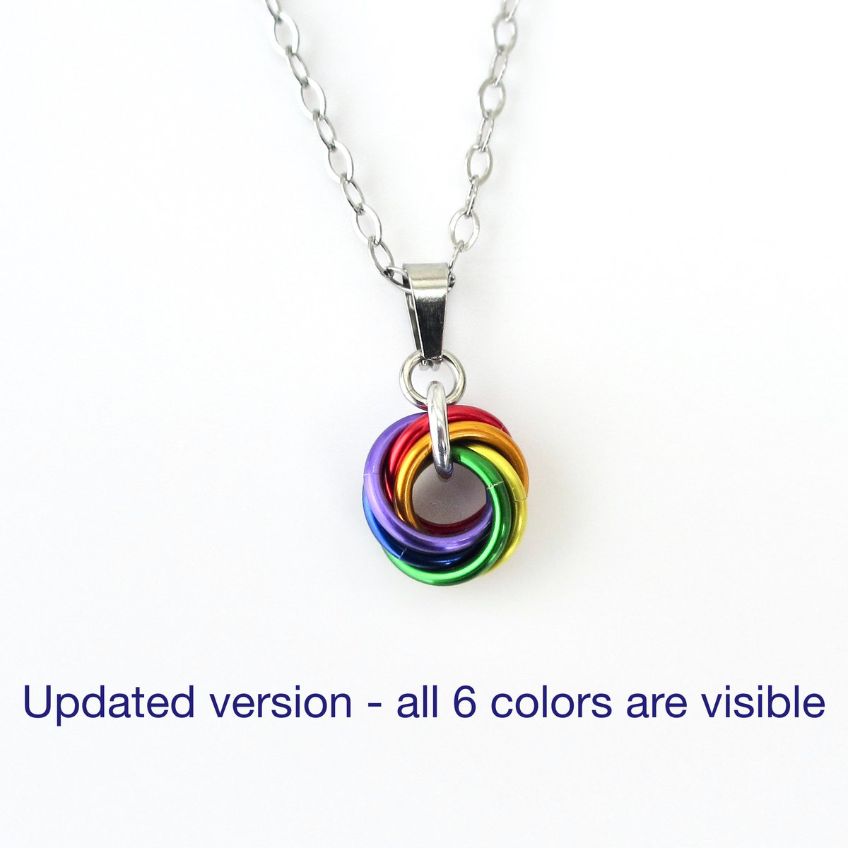 Tiny gay pride pendant, rainbow chainmail love knot, minimalist LGBTQ jewelry