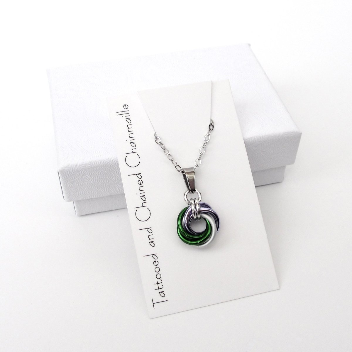 Genderqueer pride pendant necklace, chainmail love knot; lavender, white, and green nonbinary jewelry