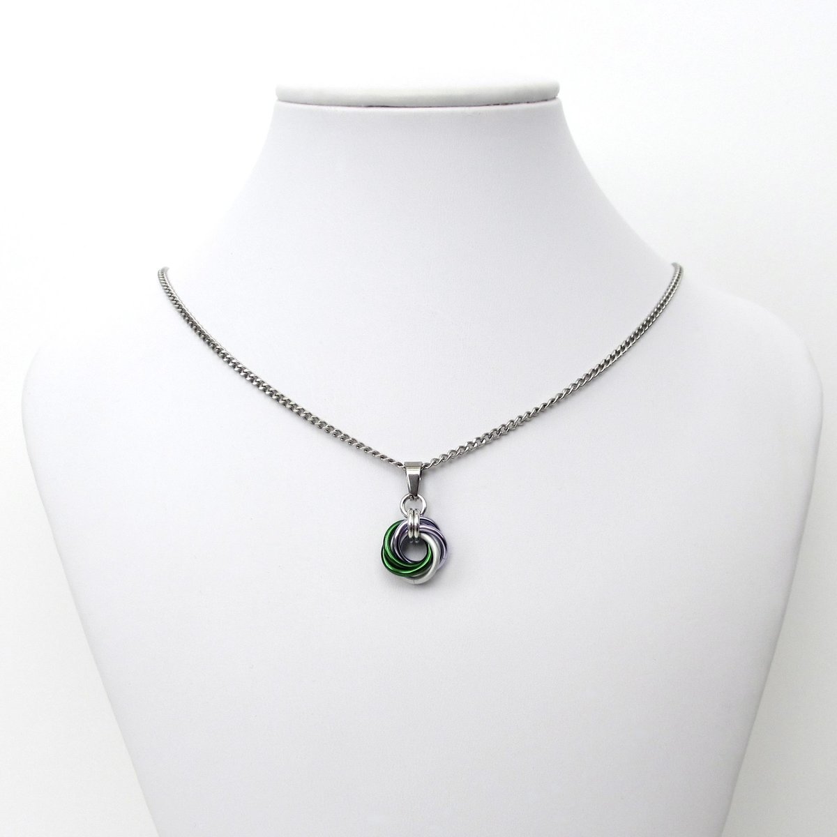 Genderqueer pride pendant necklace, chainmail love knot; lavender, white, and green nonbinary jewelry