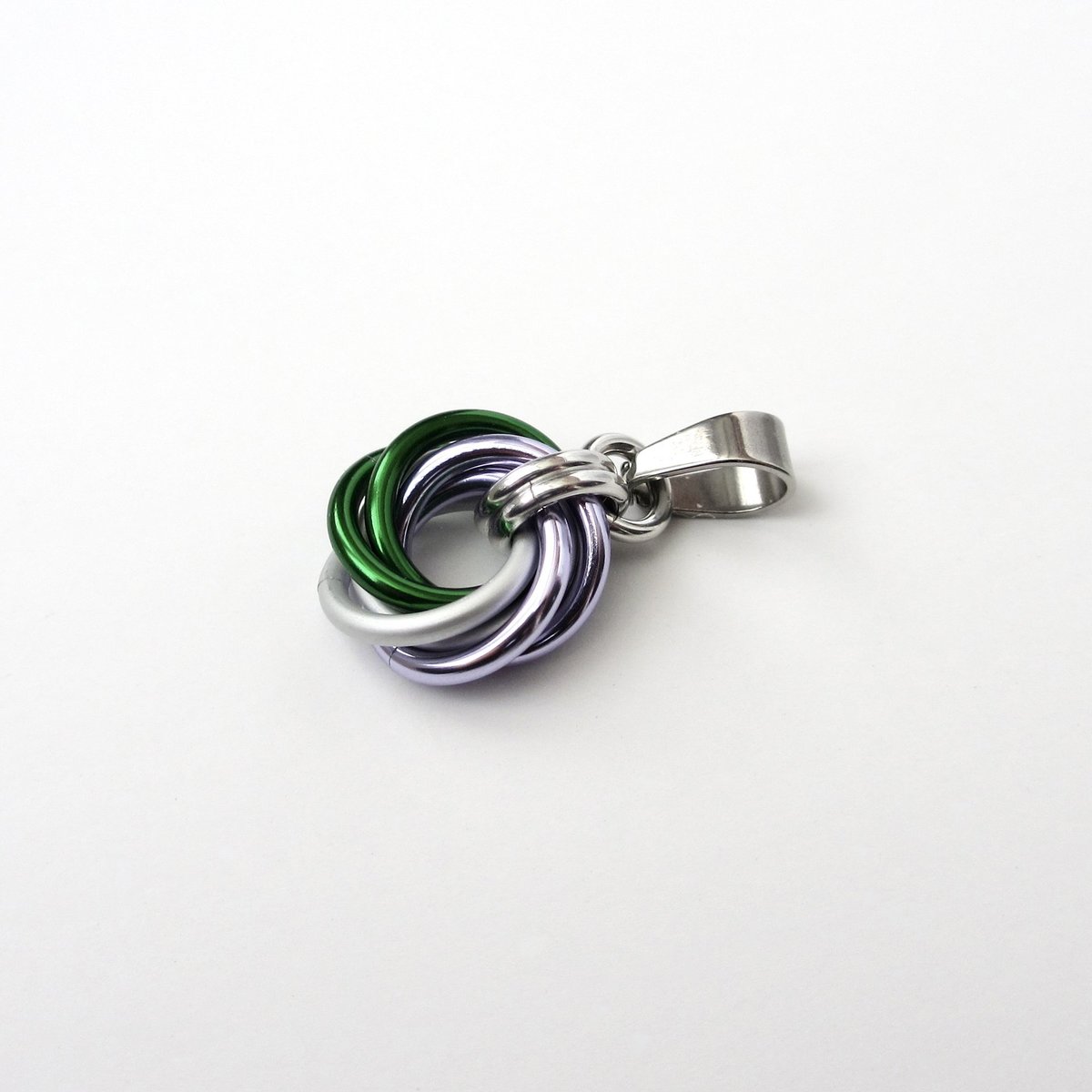 Genderqueer pride pendant necklace, chainmail love knot; lavender, white, and green nonbinary jewelry