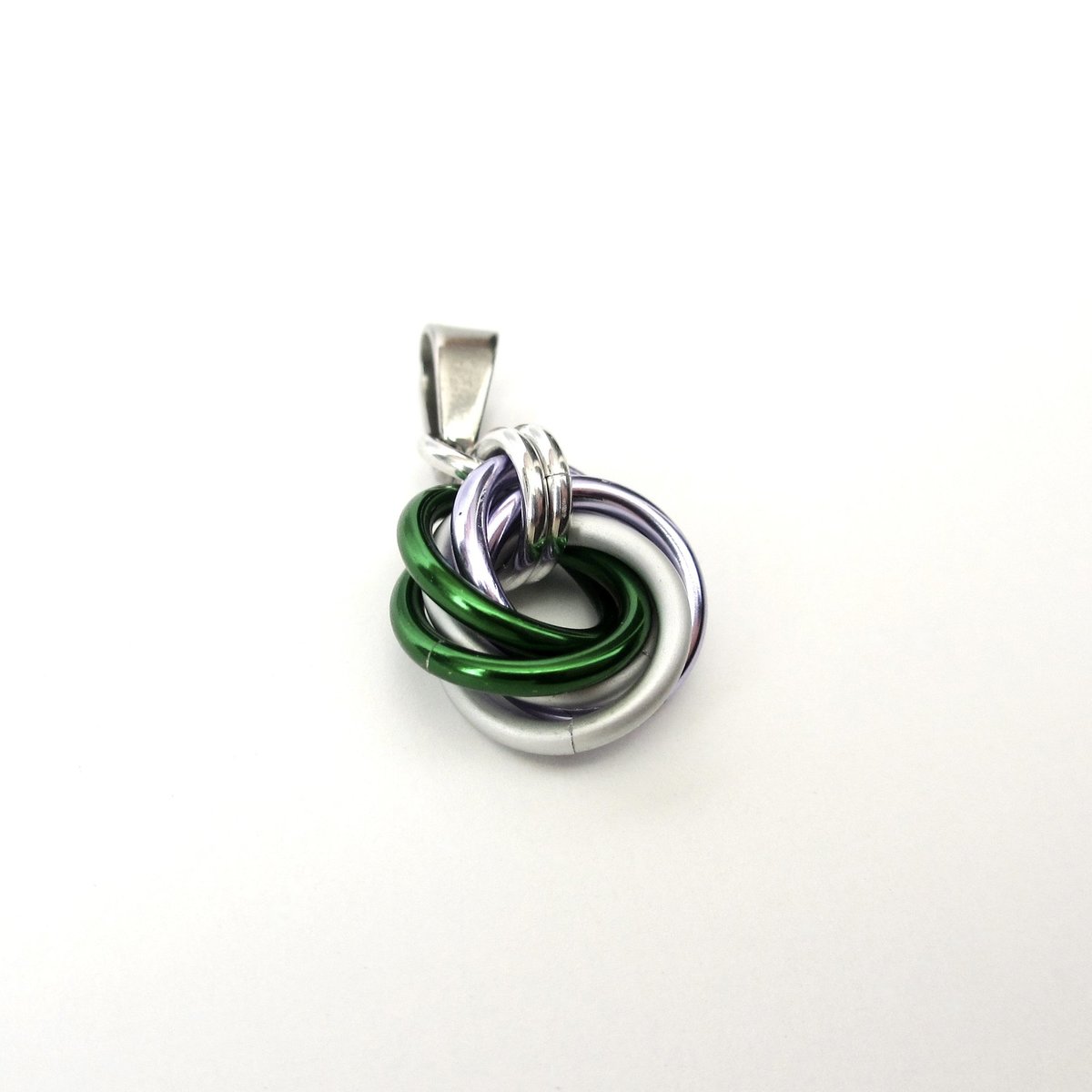 Genderqueer pride pendant necklace, chainmail love knot; lavender, white, and green nonbinary jewelry