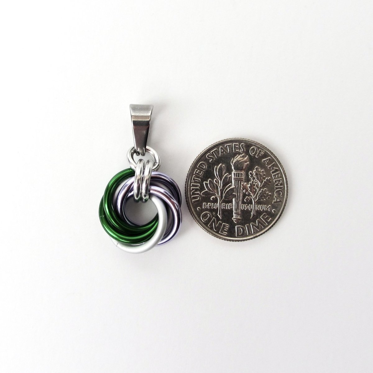Genderqueer pride pendant necklace, chainmail love knot; lavender, white, and green nonbinary jewelry
