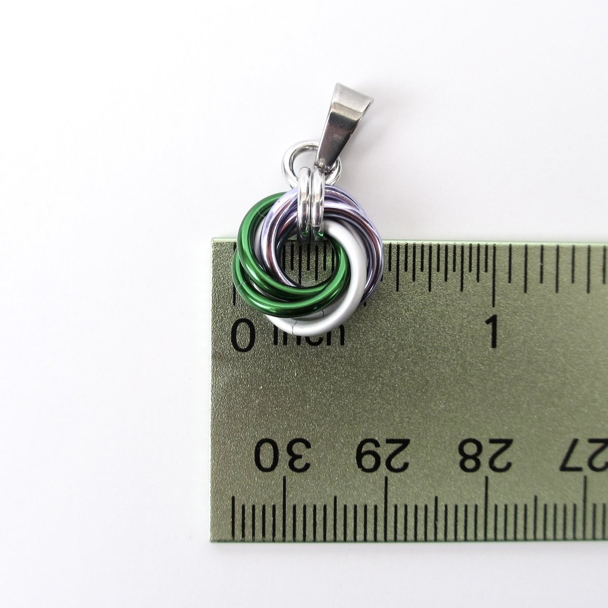 Genderqueer pride pendant necklace, chainmail love knot; lavender, white, and green nonbinary jewelry