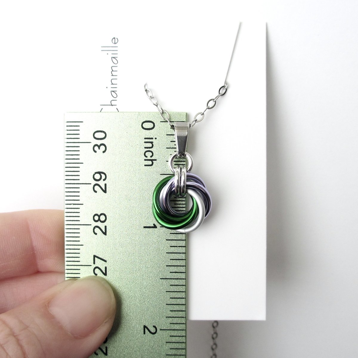 Genderqueer pride pendant necklace, chainmail love knot; lavender, white, and green nonbinary jewelry